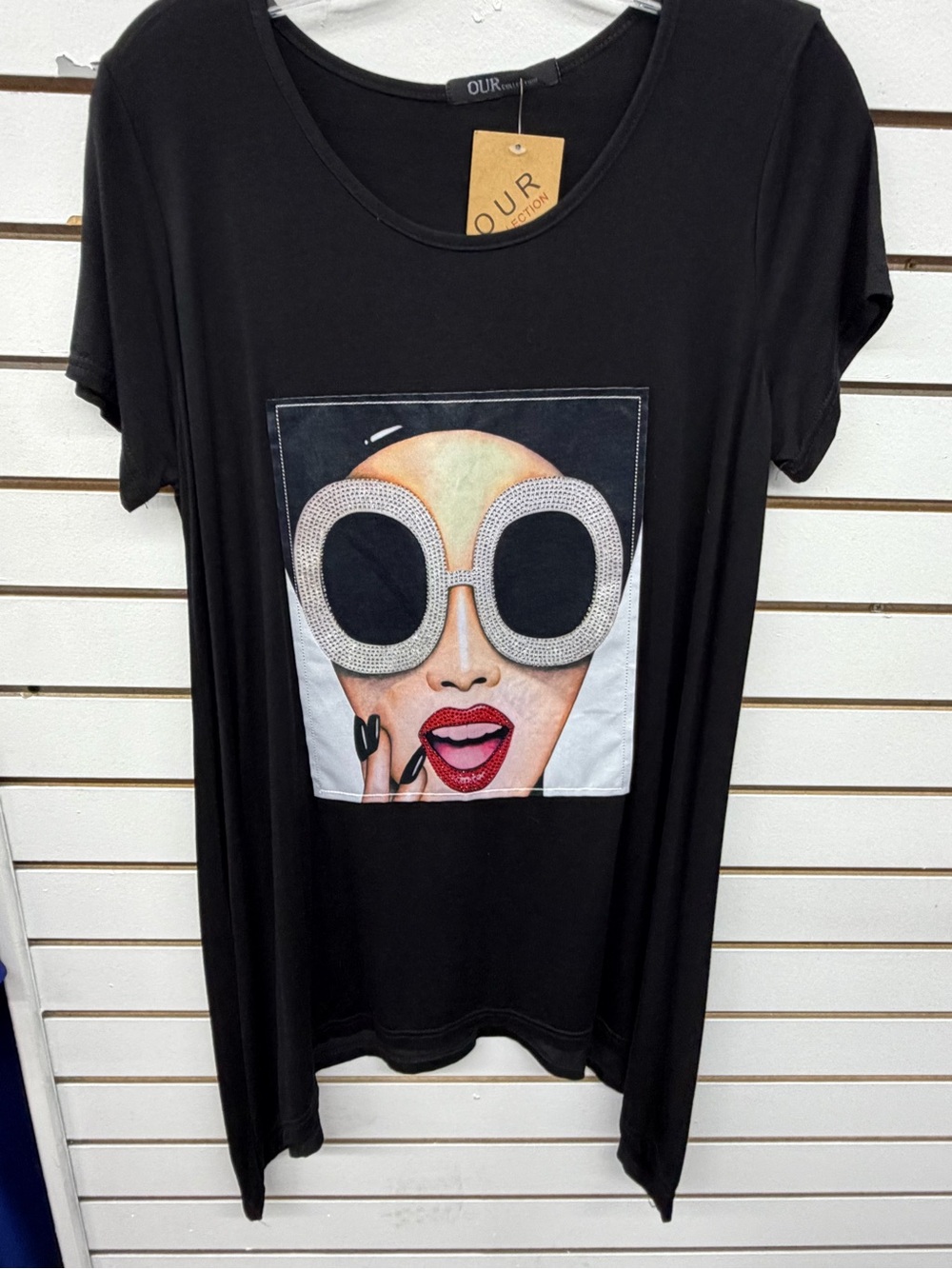 OUR Collection Glam Graphic Tunic Top Rhinestone Sunglasses Black Oversized